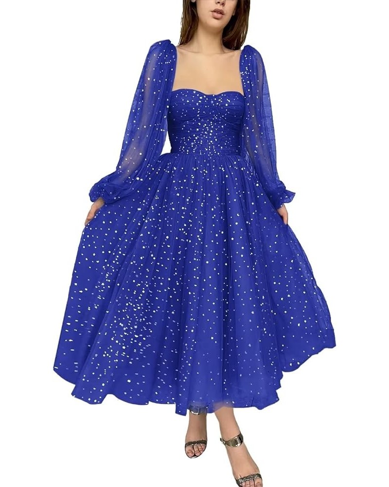 Puffy Sleeve Prom Dresses Long Sleeves Sparkly Starry Tulle Formal Evening Party Gowns Tea Length 02-royal Blue $34.20 Dresses