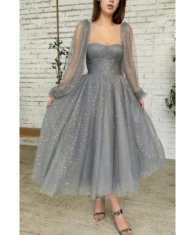 Puffy Sleeve Prom Dresses Long Sleeves Sparkly Starry Tulle Formal Evening Party Gowns Tea Length 02-royal Blue $34.20 Dresses