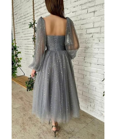 Puffy Sleeve Prom Dresses Long Sleeves Sparkly Starry Tulle Formal Evening Party Gowns Tea Length 02-royal Blue $34.20 Dresses