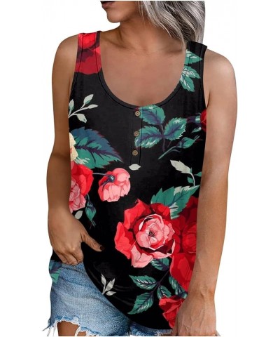 Womens 2023 Trendy Floral Tank Tops Summer Casual Sleeveless Basic Cami Top Half Button Down Blouses Henley Shirts 3-hot Pink...