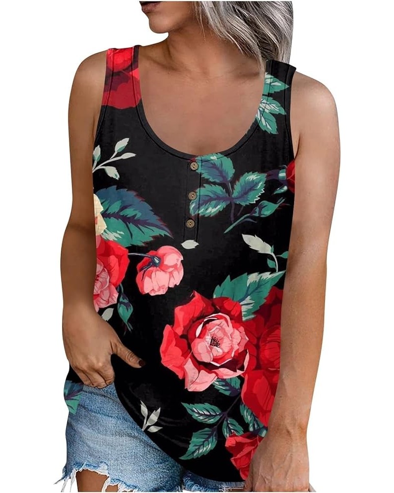 Womens 2023 Trendy Floral Tank Tops Summer Casual Sleeveless Basic Cami Top Half Button Down Blouses Henley Shirts 3-hot Pink...