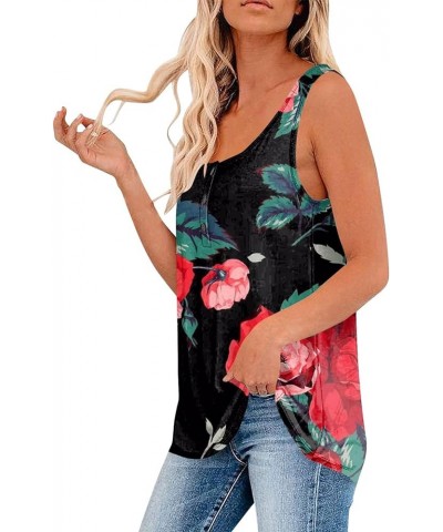 Womens 2023 Trendy Floral Tank Tops Summer Casual Sleeveless Basic Cami Top Half Button Down Blouses Henley Shirts 3-hot Pink...