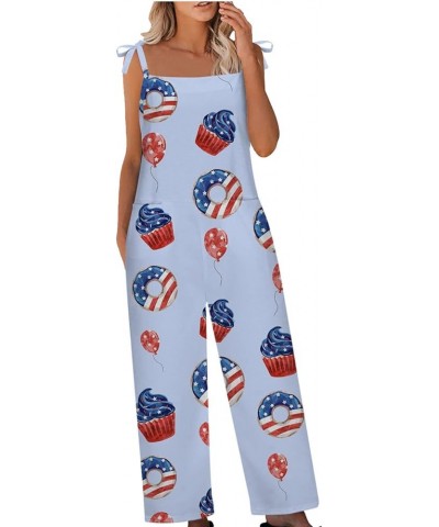 Women's Independent Day Jumpsuits Casual Spaghetti Strap Overalls Wide Leg Happy July 4th Rompers with Pockets Light Blue $8....