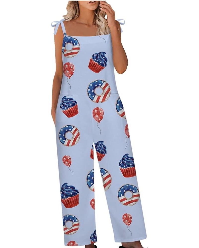 Women's Independent Day Jumpsuits Casual Spaghetti Strap Overalls Wide Leg Happy July 4th Rompers with Pockets Light Blue $8....