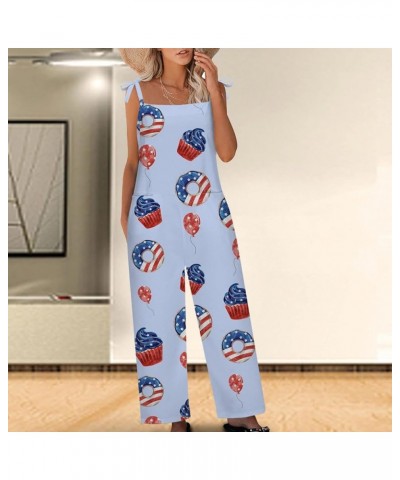 Women's Independent Day Jumpsuits Casual Spaghetti Strap Overalls Wide Leg Happy July 4th Rompers with Pockets Light Blue $8....