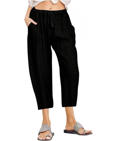 Women's Capri Pants for Summer High Waist Drawstring Cinch Bottom with Button Linen Loose Wide Leg Cropped Pants 05-black-wom...