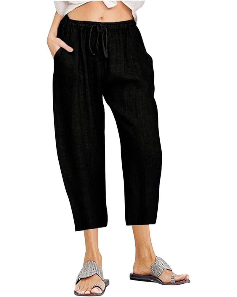 Women's Capri Pants for Summer High Waist Drawstring Cinch Bottom with Button Linen Loose Wide Leg Cropped Pants 05-black-wom...