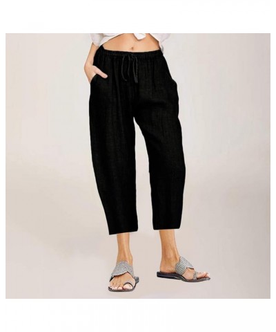 Women's Capri Pants for Summer High Waist Drawstring Cinch Bottom with Button Linen Loose Wide Leg Cropped Pants 05-black-wom...