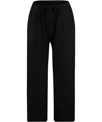 Women's Capri Pants for Summer High Waist Drawstring Cinch Bottom with Button Linen Loose Wide Leg Cropped Pants 05-black-wom...