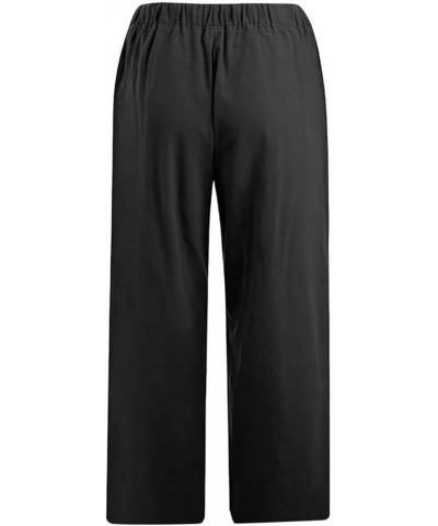 Women's Capri Pants for Summer High Waist Drawstring Cinch Bottom with Button Linen Loose Wide Leg Cropped Pants 05-black-wom...