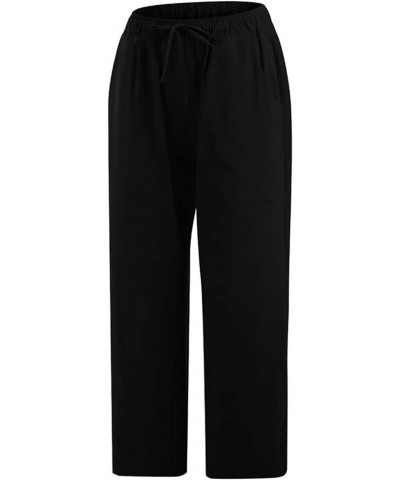 Women's Capri Pants for Summer High Waist Drawstring Cinch Bottom with Button Linen Loose Wide Leg Cropped Pants 05-black-wom...