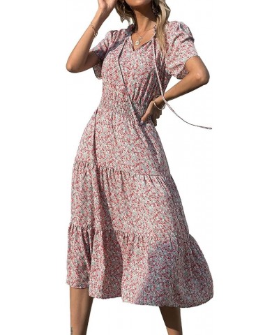 Women's 2024 Summer Casual Boho Dress Floral Print Tie V Neck Short Sleeve Elastic Waist A-Line Midi Beach Dresses Floral Gre...