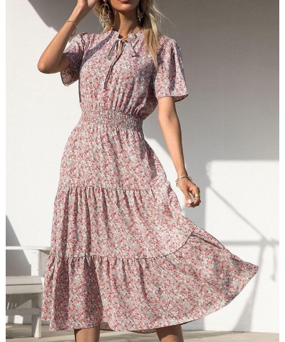 Women's 2024 Summer Casual Boho Dress Floral Print Tie V Neck Short Sleeve Elastic Waist A-Line Midi Beach Dresses Floral Gre...