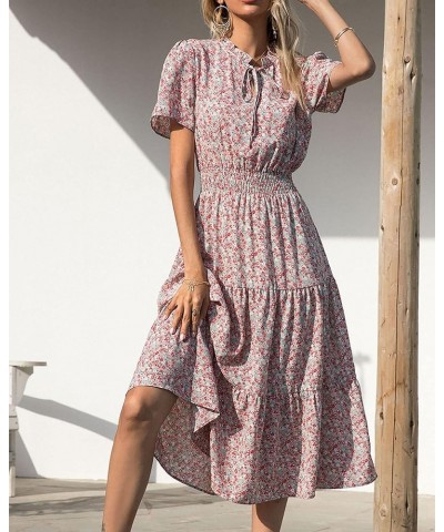 Women's 2024 Summer Casual Boho Dress Floral Print Tie V Neck Short Sleeve Elastic Waist A-Line Midi Beach Dresses Floral Gre...