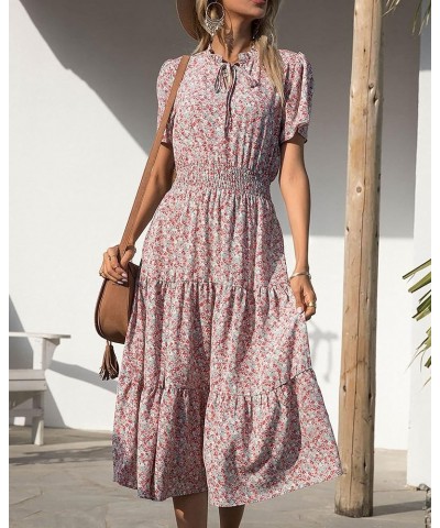 Women's 2024 Summer Casual Boho Dress Floral Print Tie V Neck Short Sleeve Elastic Waist A-Line Midi Beach Dresses Floral Gre...