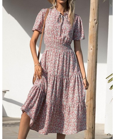 Women's 2024 Summer Casual Boho Dress Floral Print Tie V Neck Short Sleeve Elastic Waist A-Line Midi Beach Dresses Floral Gre...