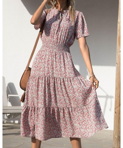 Women's 2024 Summer Casual Boho Dress Floral Print Tie V Neck Short Sleeve Elastic Waist A-Line Midi Beach Dresses Floral Gre...