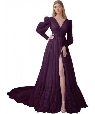 Long Puffy Sleeves Dotted Tulle Prom Dresses with Slit V Neck Women's Formal Evening Gowns 2023 Plum $41.40 Dresses