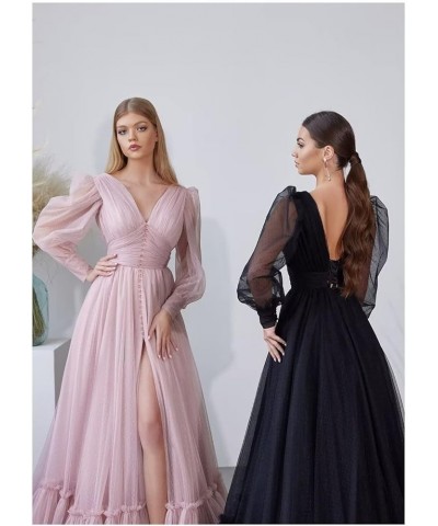 Long Puffy Sleeves Dotted Tulle Prom Dresses with Slit V Neck Women's Formal Evening Gowns 2023 Plum $41.40 Dresses