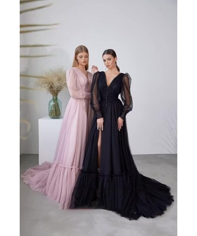 Long Puffy Sleeves Dotted Tulle Prom Dresses with Slit V Neck Women's Formal Evening Gowns 2023 Plum $41.40 Dresses