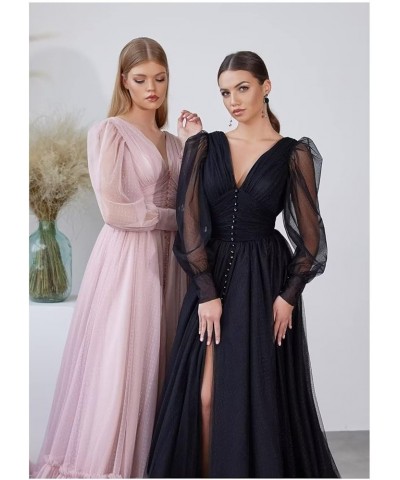 Long Puffy Sleeves Dotted Tulle Prom Dresses with Slit V Neck Women's Formal Evening Gowns 2023 Plum $41.40 Dresses