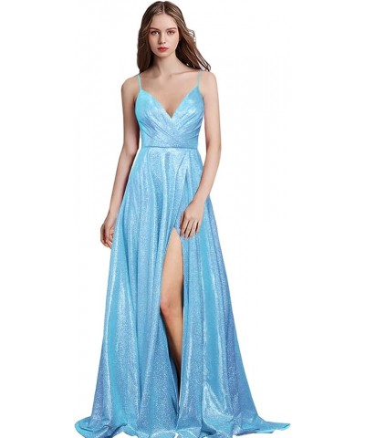 Prom Dresses Long Mermaid with Pockets V Neck Formal Evening Ball Gowns Side Slit Glitter Party Dress Sky Blue $52.80 Dresses