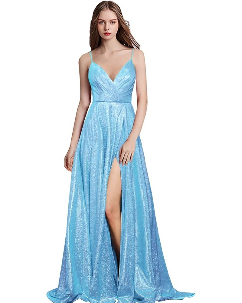 Prom Dresses Long Mermaid with Pockets V Neck Formal Evening Ball Gowns Side Slit Glitter Party Dress Sky Blue $52.80 Dresses