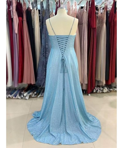 Prom Dresses Long Mermaid with Pockets V Neck Formal Evening Ball Gowns Side Slit Glitter Party Dress Sky Blue $52.80 Dresses