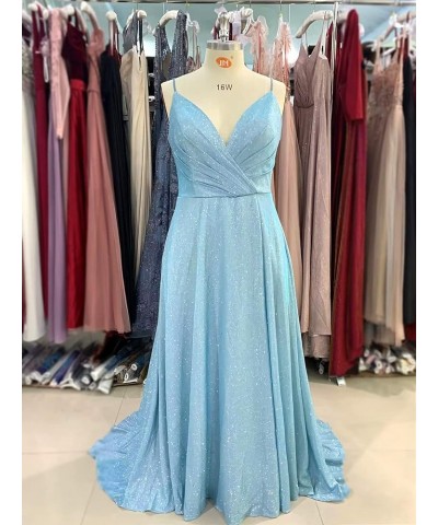 Prom Dresses Long Mermaid with Pockets V Neck Formal Evening Ball Gowns Side Slit Glitter Party Dress Sky Blue $52.80 Dresses