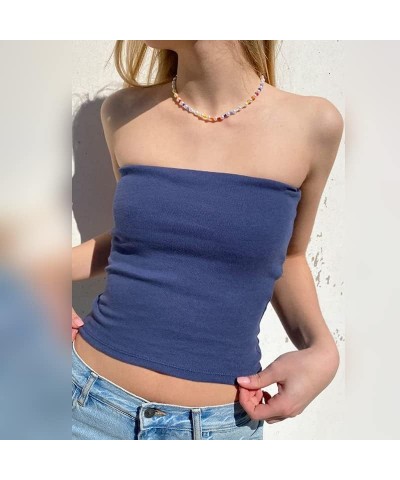 Women Y2k Strapless Tube Tops Sleeveless Slim Fitted Cropped Shirts Backless Cami Knitted Tank Tops 09-casual Blue $6.49 Tanks