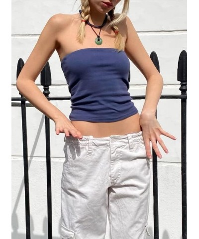 Women Y2k Strapless Tube Tops Sleeveless Slim Fitted Cropped Shirts Backless Cami Knitted Tank Tops 09-casual Blue $6.49 Tanks