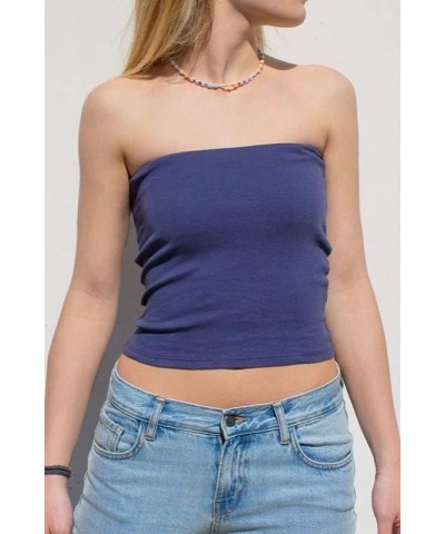 Women Y2k Strapless Tube Tops Sleeveless Slim Fitted Cropped Shirts Backless Cami Knitted Tank Tops 09-casual Blue $6.49 Tanks