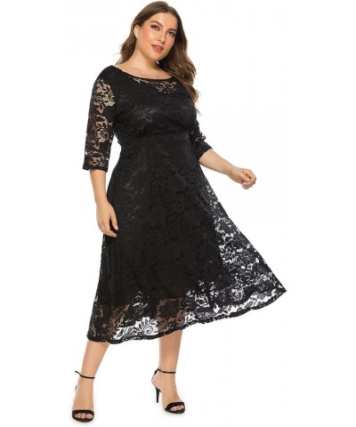 Women's Plus Size Lace Cocktail Dresses 3/4 Sleeve Vintage Floral Lace Party Midi Dress Wedding Guest Bridesmaid Prom Gown Bl...