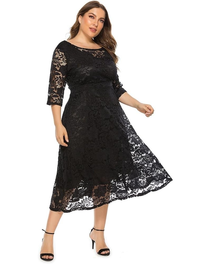 Women's Plus Size Lace Cocktail Dresses 3/4 Sleeve Vintage Floral Lace Party Midi Dress Wedding Guest Bridesmaid Prom Gown Bl...