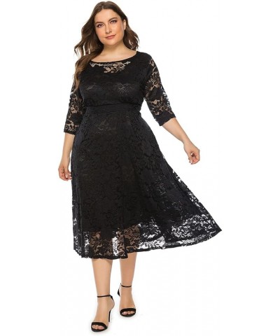 Women's Plus Size Lace Cocktail Dresses 3/4 Sleeve Vintage Floral Lace Party Midi Dress Wedding Guest Bridesmaid Prom Gown Bl...