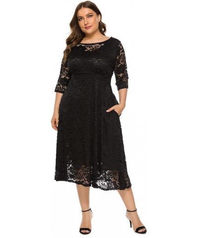 Women's Plus Size Lace Cocktail Dresses 3/4 Sleeve Vintage Floral Lace Party Midi Dress Wedding Guest Bridesmaid Prom Gown Bl...