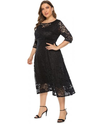 Women's Plus Size Lace Cocktail Dresses 3/4 Sleeve Vintage Floral Lace Party Midi Dress Wedding Guest Bridesmaid Prom Gown Bl...