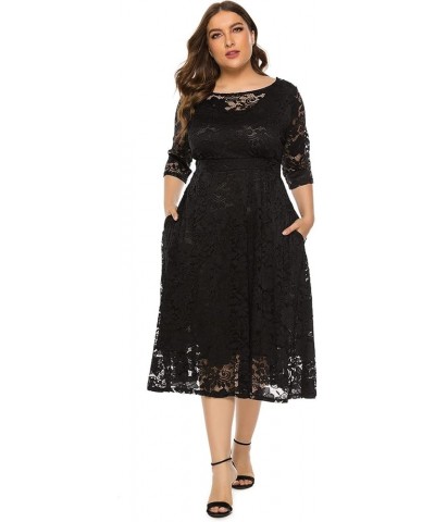 Women's Plus Size Lace Cocktail Dresses 3/4 Sleeve Vintage Floral Lace Party Midi Dress Wedding Guest Bridesmaid Prom Gown Bl...