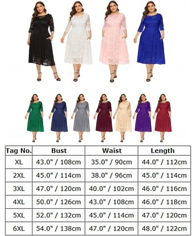 Women's Plus Size Lace Cocktail Dresses 3/4 Sleeve Vintage Floral Lace Party Midi Dress Wedding Guest Bridesmaid Prom Gown Bl...