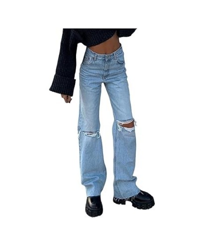 Jeans Trousers Hole Women Button Denim High Loose Pocket Pants Waist Elastic Pants Blue Spice Black Jeans (4-Blue, S) X-Large...