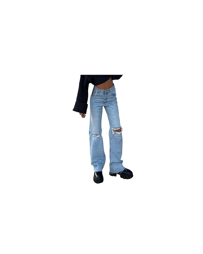 Jeans Trousers Hole Women Button Denim High Loose Pocket Pants Waist Elastic Pants Blue Spice Black Jeans (4-Blue, S) X-Large...