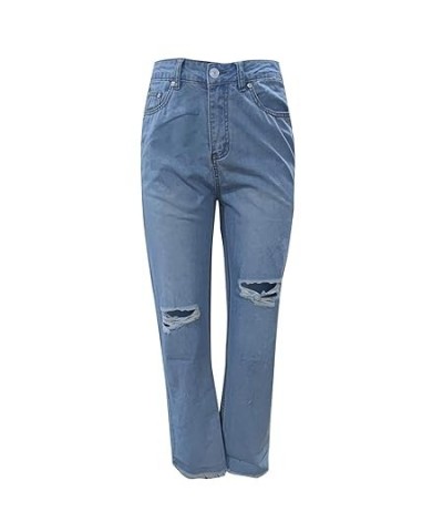 Jeans Trousers Hole Women Button Denim High Loose Pocket Pants Waist Elastic Pants Blue Spice Black Jeans (4-Blue, S) X-Large...