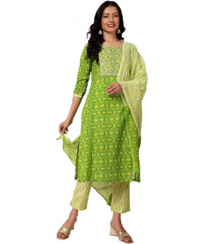 Cotton Kurta Set with Pant & Dupatta, 3/4 Sleeves, Printed Indian Tunic Top Round Neck Ethnic Kurti Set Green $18.14 Tops