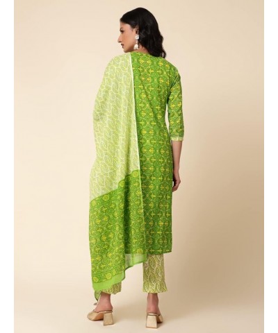 Cotton Kurta Set with Pant & Dupatta, 3/4 Sleeves, Printed Indian Tunic Top Round Neck Ethnic Kurti Set Green $18.14 Tops