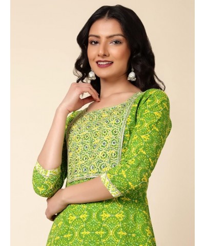 Cotton Kurta Set with Pant & Dupatta, 3/4 Sleeves, Printed Indian Tunic Top Round Neck Ethnic Kurti Set Green $18.14 Tops