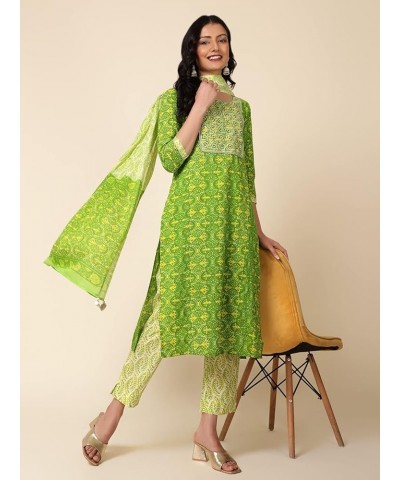 Cotton Kurta Set with Pant & Dupatta, 3/4 Sleeves, Printed Indian Tunic Top Round Neck Ethnic Kurti Set Green $18.14 Tops