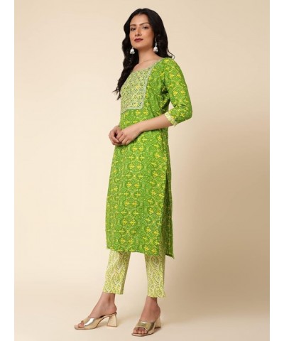 Cotton Kurta Set with Pant & Dupatta, 3/4 Sleeves, Printed Indian Tunic Top Round Neck Ethnic Kurti Set Green $18.14 Tops