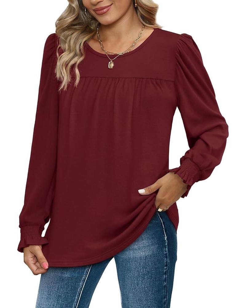 Womens Tops Dressy Casual Ruffle Sleeve Elegant Crewneck Fall Shirts 5-burgundy $10.39 Tops