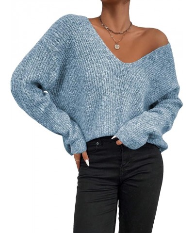 Women's V Neck Sweater Long Sleeve Drop Shoulder Ribbed Knit Oversized Pullovers Tops Dusty Blue $15.17 Sweaters