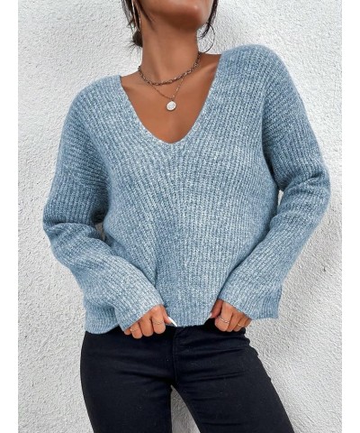 Women's V Neck Sweater Long Sleeve Drop Shoulder Ribbed Knit Oversized Pullovers Tops Dusty Blue $15.17 Sweaters